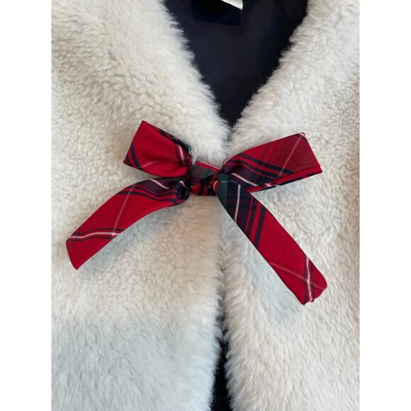 Max Studio white faux fur vest w/ red plaid bow lined warm heavyweight Size 4T - Picture 3 of 4